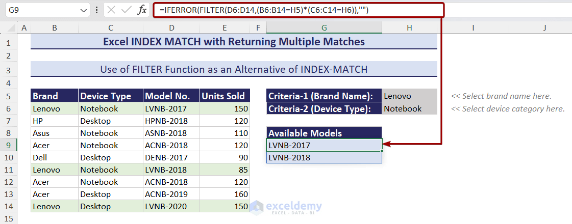 Excel FILTER function as an alternative to INDEX MATCH formula to get multiple matches