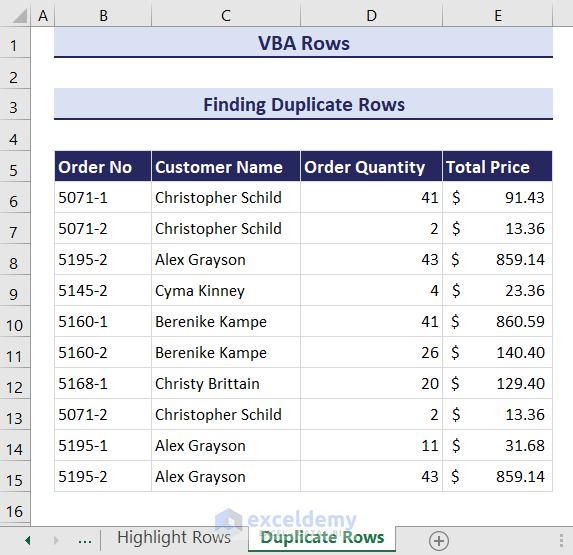 70- Dataset for Finding Duplicate Rows with VBA