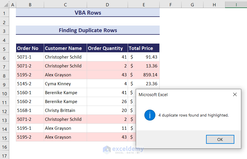 73- Output after Finding Duplicate Rows with VBA