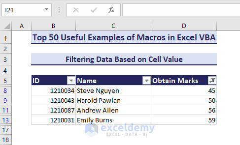 Filtering data under 60 using macros in Excel VBA