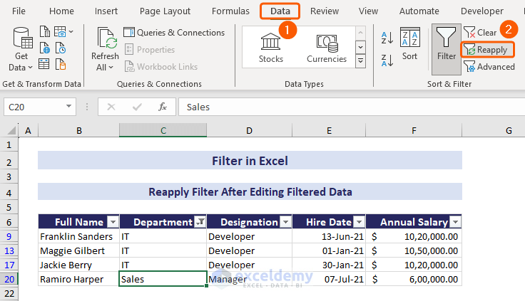 Reapply filter to edit data