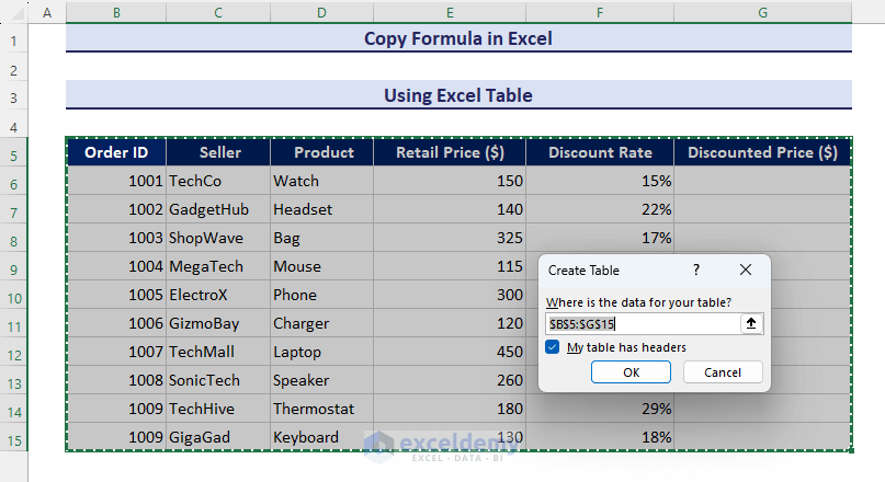 Creating table in Excel