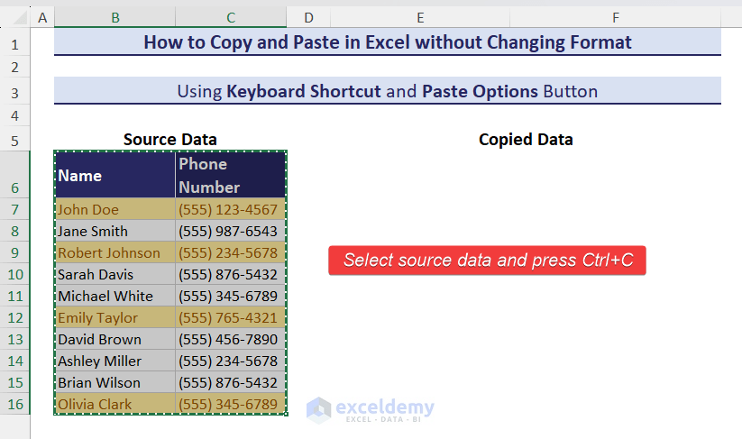 Copy data to paste without changing format