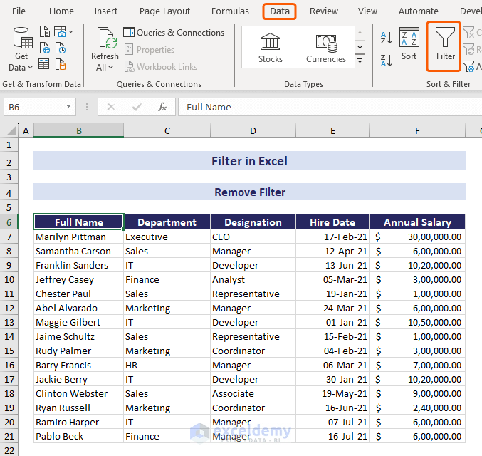 Remove filter in Excel