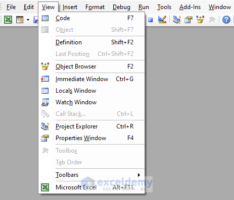 View tab options in Visual Basic Editor