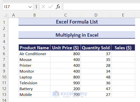 Dataset for multiplying in Excel using formula