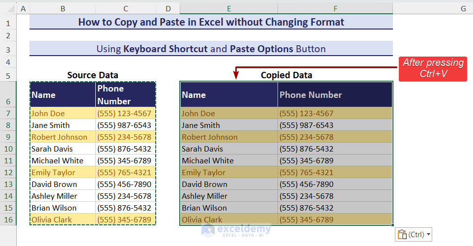 Paste data using Keyboard shortcut