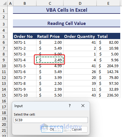 Selecting a cell to read the cell value with VBA Cells