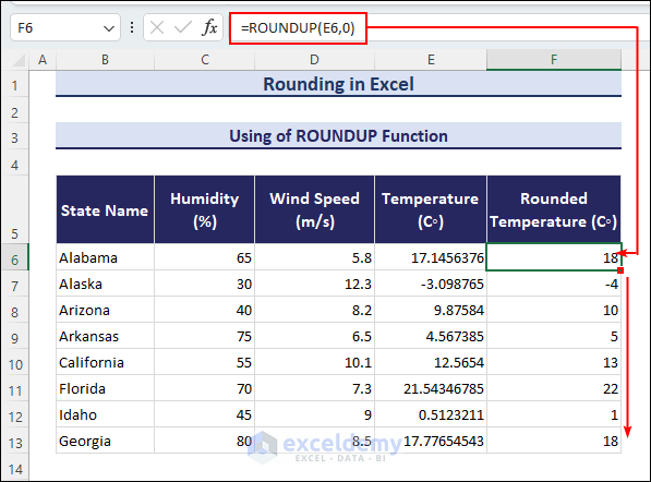 Applying ROUNDUP function for rounding in Excel