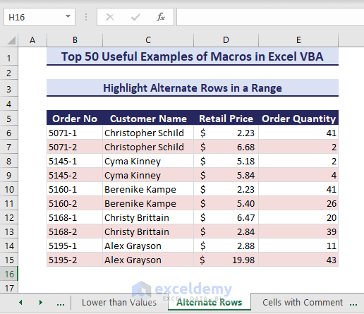 Alternate values highlighted using VBA macros