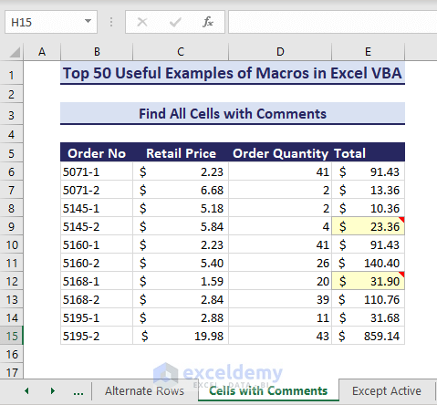 Cells with comments highlighted using VBA macros in Excel