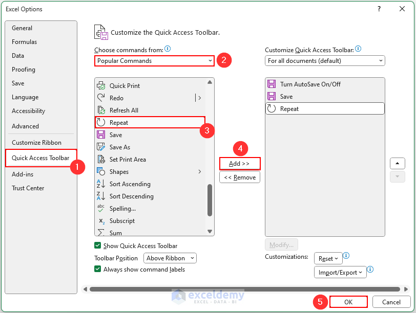 Adding Repeat Command Button from Quick Access Toolbar in Excel Options Dialog Box