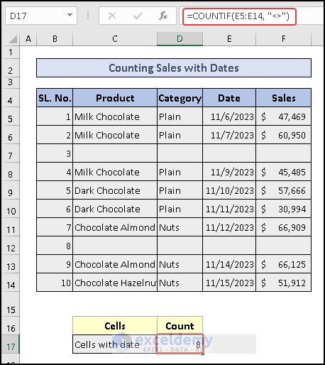 Count cells when date is used