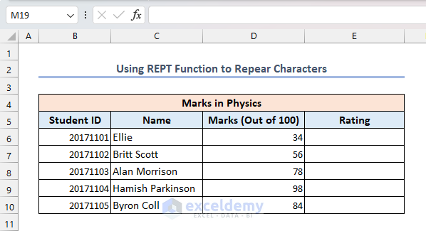 Dataset for Repeating a Characters in Excel