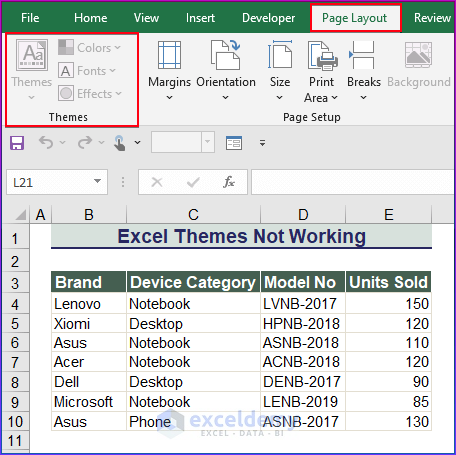 Excel Themes feature is disabled