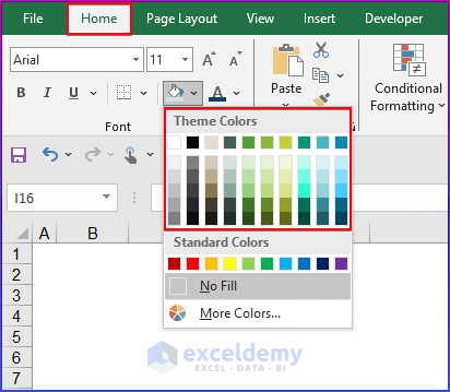  Find the Excel Theme colors from the Home tab