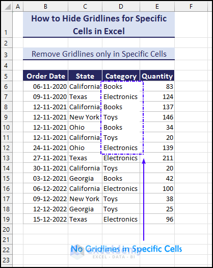 hide gridlines in specific cells