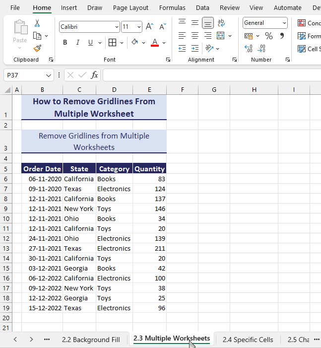 remove gridlines from multiple worksheets