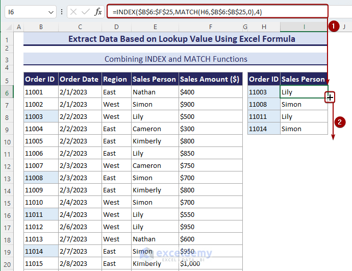 Using INDEX-MATCH function to extract data based on a lookup value.