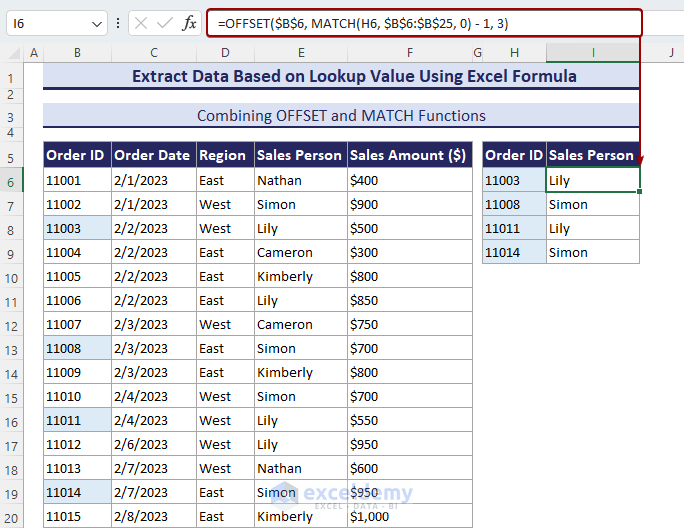 Using OFFSET-MATCH function to extract data based on a lookup value.