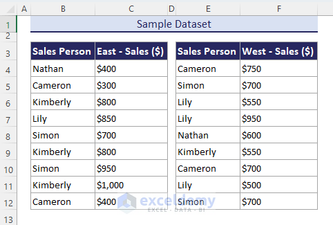 Sample datasets in a worksheet for extracting data in Excel.