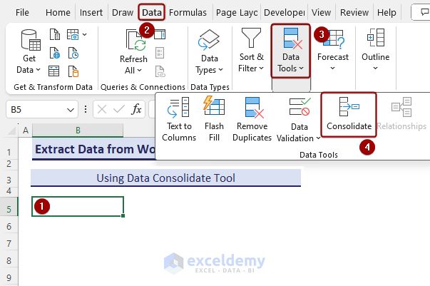 Selecting Data Consolidate tool.
