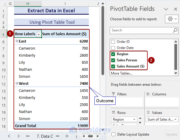 Selecting components from PivotTable Fields.