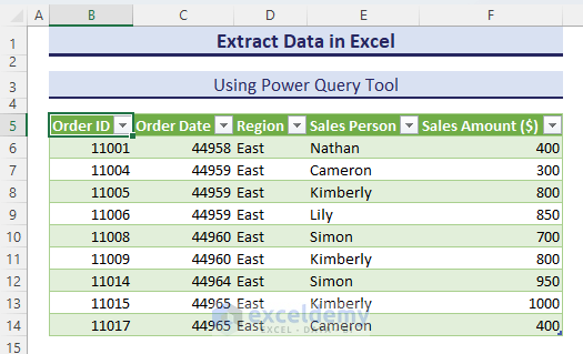 Filtered data extracted to the existing worksheet.