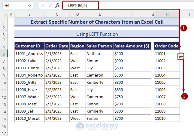 Using LEFT function to extract specific characters in Excel.