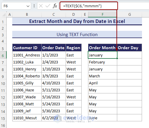 Using TEXT function to extract month from a date in Excel.