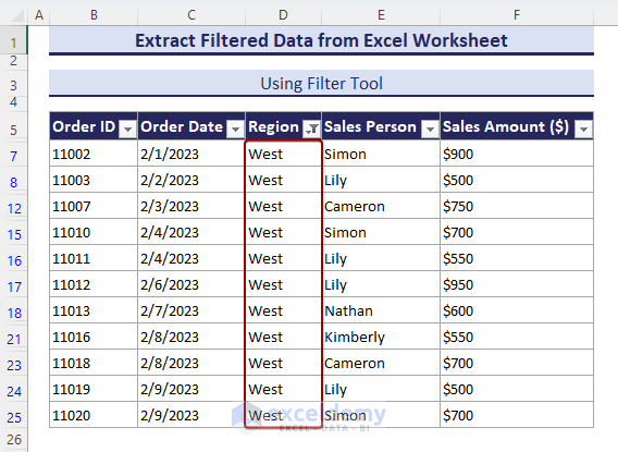 Extracting all filtered data in Excel.
