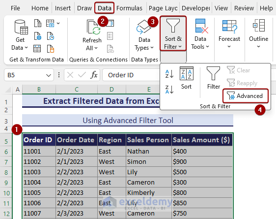 Selecting Advanced Filter tool in Excel.