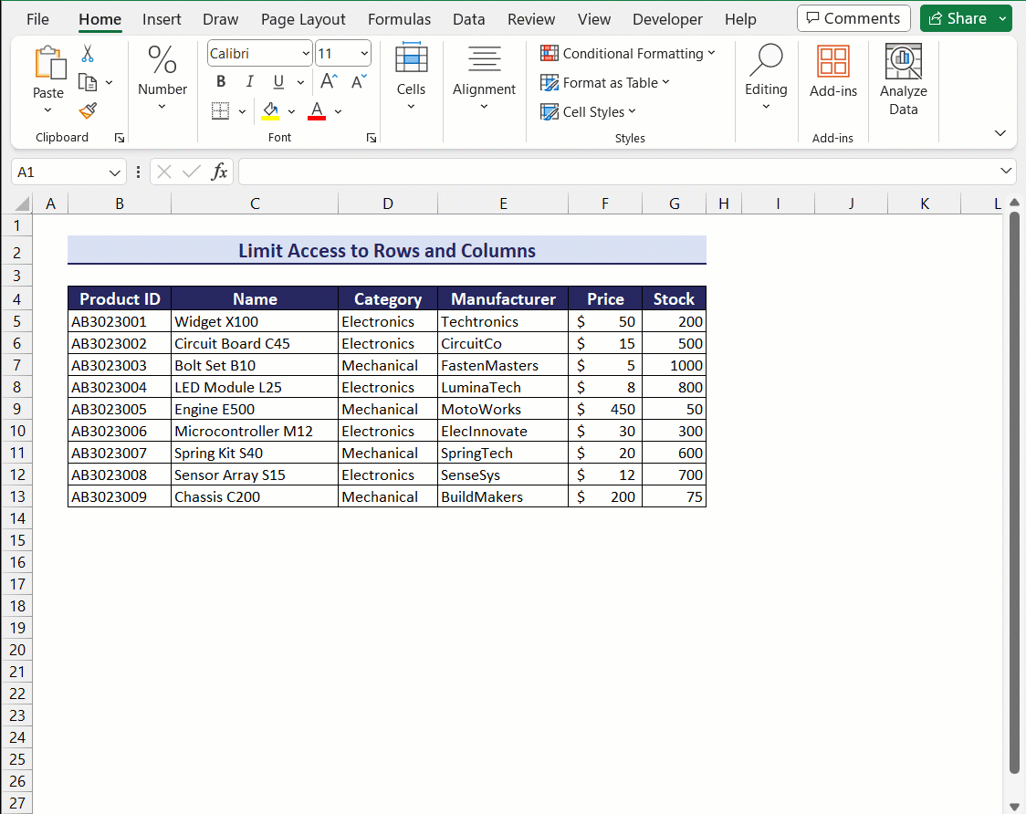 Limit Access to Rows and Columns in Excel