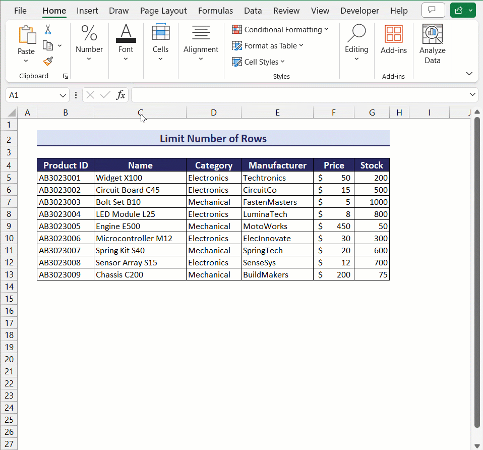 Limit Rows in Excel