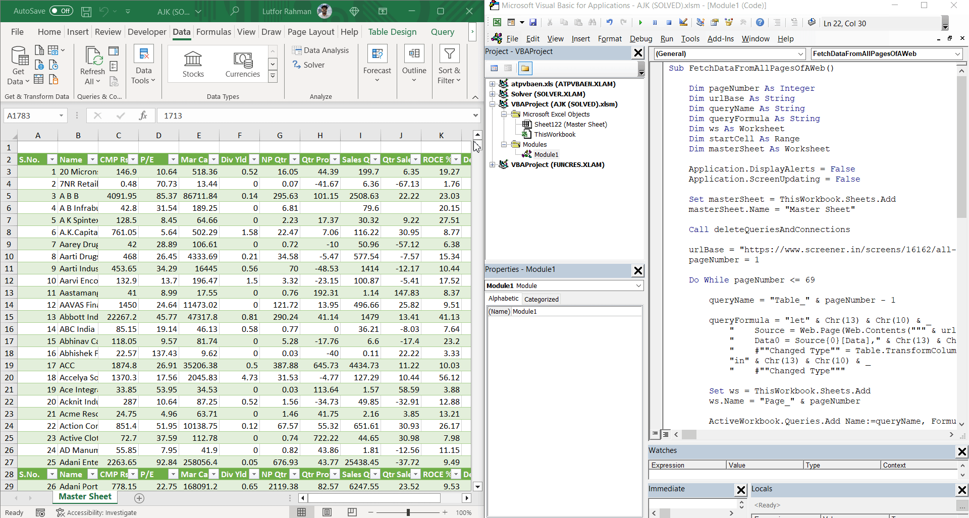 Output of running Excel VBA code