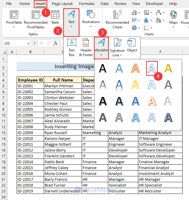 Selecting a WordArt Style to Insert Watermark in Excel