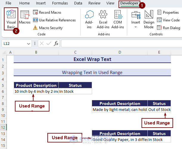 Showing Used Ranges and selecting visual basic