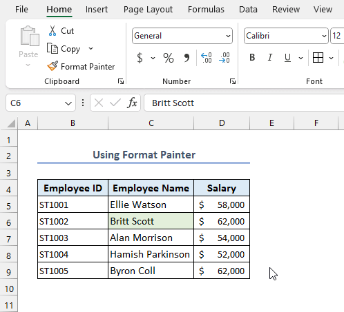Using Format Painter to Copy Cell Format in Excel
