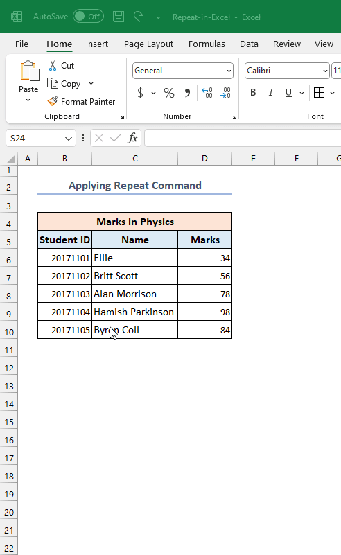 Using Repeat Command Button to Repeat Insert Action