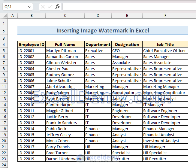 Watermark Inserted Using WordArt in Excel