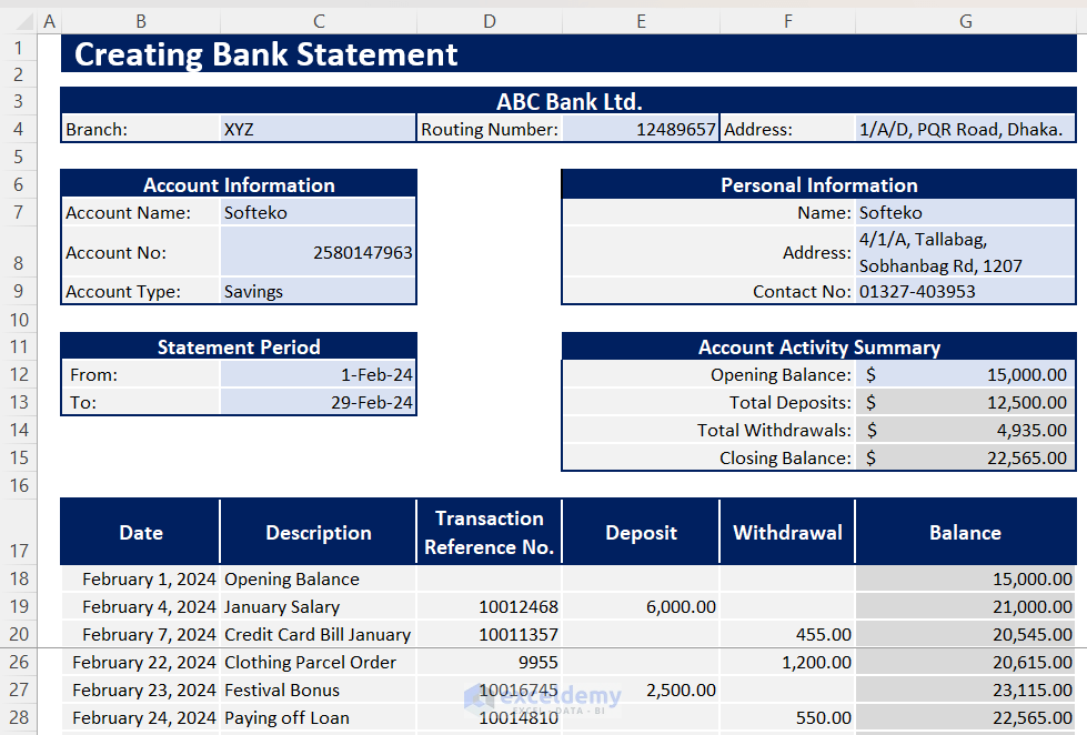 Created Bank Statement in Excel