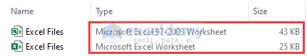 Size difference between different excel files