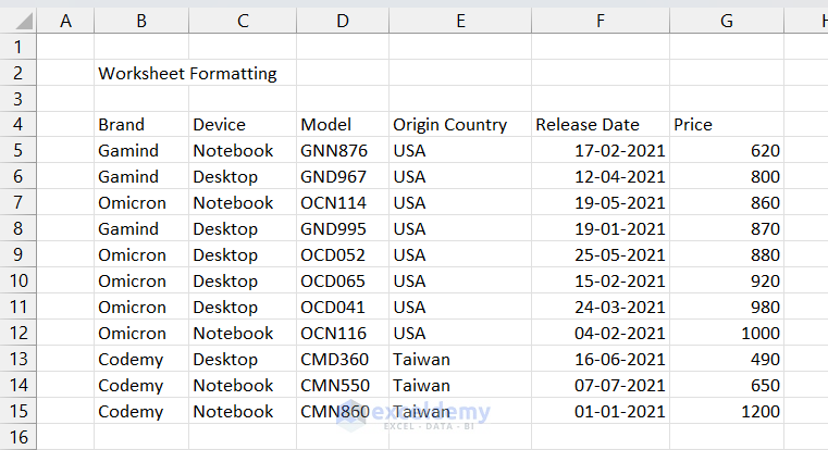 Excel Dataset with no worksheet formatting