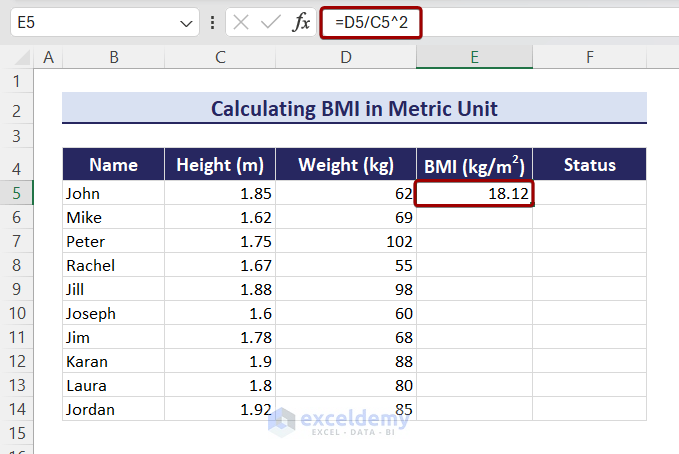 arithmetic formula for BMI