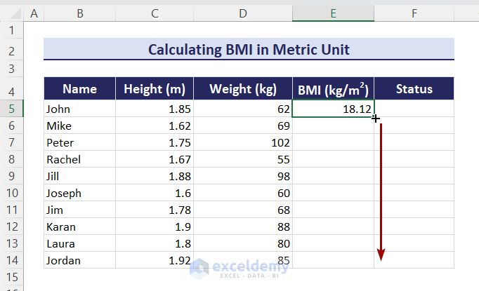 drag down arithmetic formula for BMI