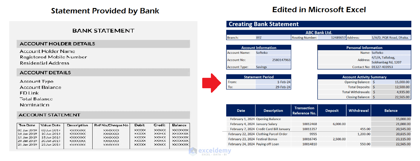 Edited Bank Statement in Excel