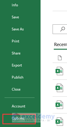 Opening excel options