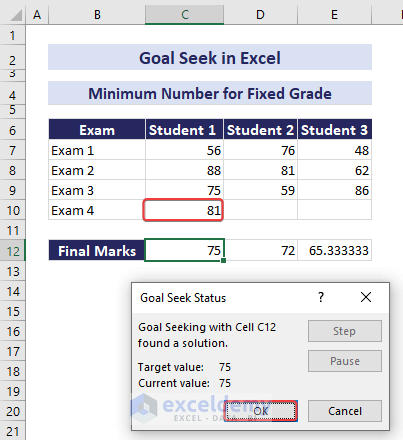 Output of Goal Seek in Calculating Fixed Grade