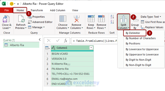 Selecting Split Column command from the Power Query