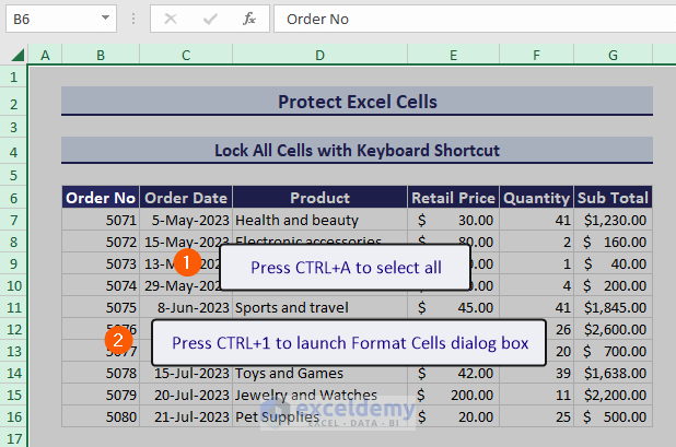Shortcut keys to protect Excel cells